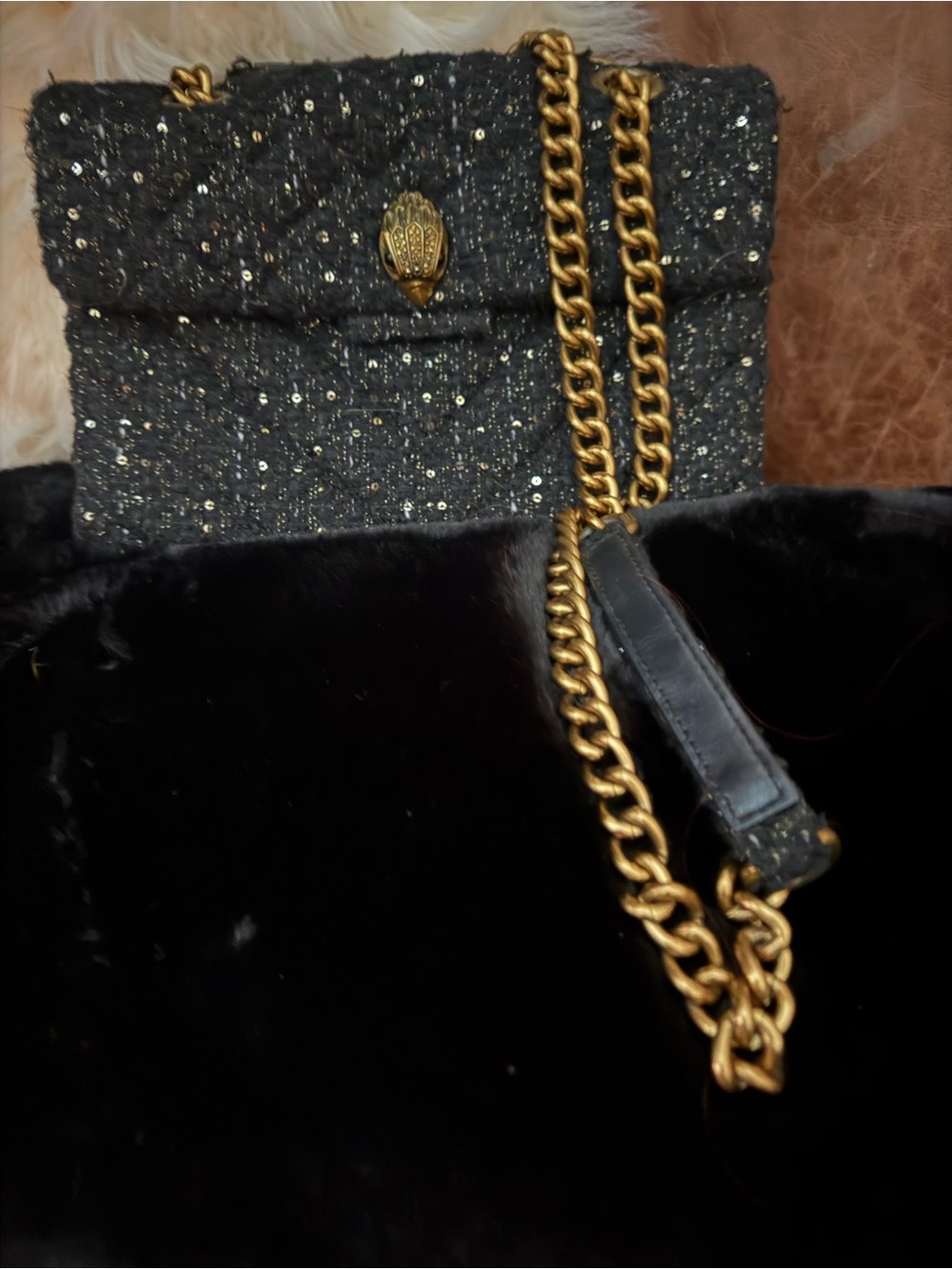 Kurt Geiger Black Sequin Fold-Over Shoulder Bag with Gold Chain